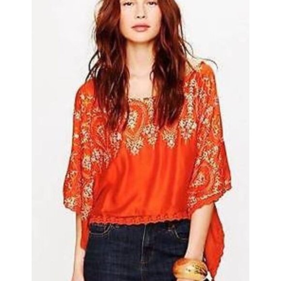 Free People Summer Boho Embroidered Batwing Tangerine Kimono Top Women's XS NWT - Picture 1 of 16